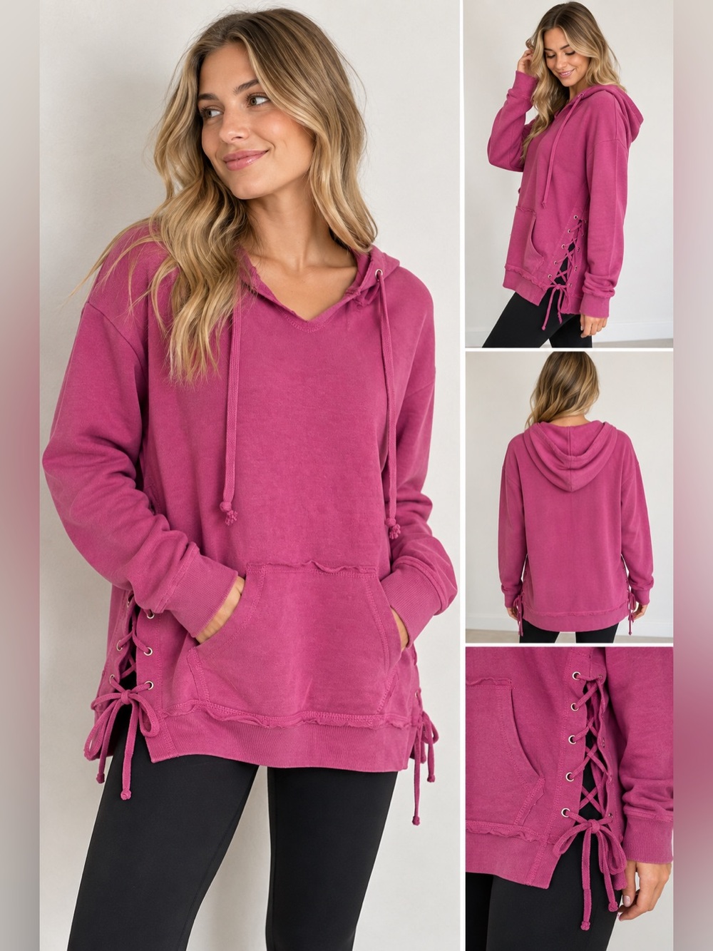 MV Sport Dragonfruit Hoodie M Side Lace Up Vintage Wash Pullover Sweatshirt
